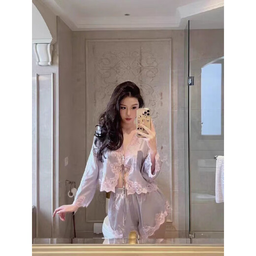 Njskakw sexy ice silben satin pyjamas für Frauen im Sommer 2025 Neue reine Spitze langärmlige Shorts Home Clothing Set Sommerstil 829# HAUSPERS S Empfohlen 80-90jin [Jin gleich 0,5 kg]