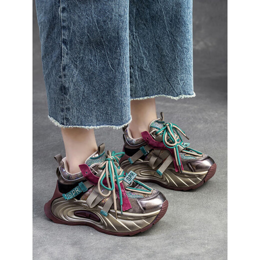 EHANGY2025 Herbst Neue High-End European Color Dad Schuhe für Frauen trendy coole echte Leder Retro Dicke alleinige Sportarten und Freizeit-Frauenschuhe Burgund 37