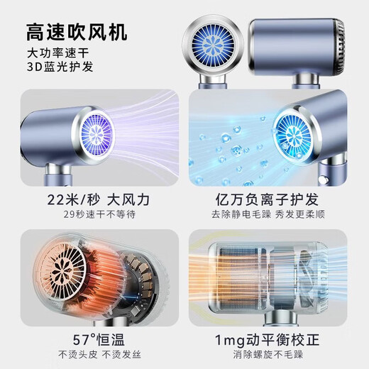 The same German quality hair dryer as Xiaomi Snail, home dormitory, silent negative ion, high power, no harm to hair, 3000W high-speed hair dryer, hair salon, high wind power, hair salon, barber shop, Xinyi Flash Silver Blue Ultimate Edition 3000w-smart gift box