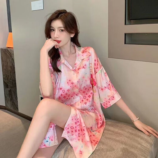 汀泺睡裙女士夏季性感冰丝纯欲风睡衣加大码家居服女大学生连衣裙青年 719橘色猫咪[单件裙] M [80-100斤]