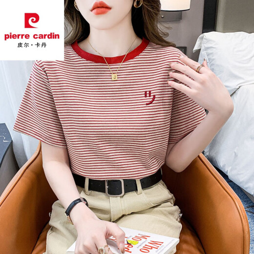 皮尔卡丹条纹短袖t恤女宽松韩版女装2025年夏季新款百搭圆领半袖上衣 红色 9928 S 建议80-95斤