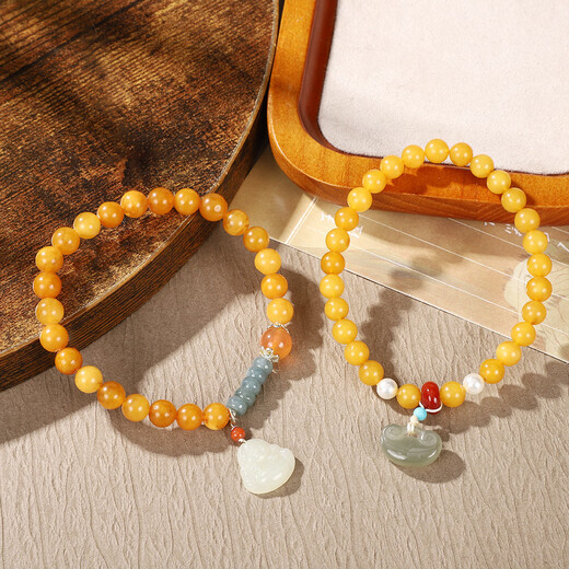 Chi Xing New New Chinese Style Retro Old Beeswax Flat Bead Bracelet Internet Celebrity Hetian Jade Pendant Bracelet Couple Buddha Beads Wenwan Natural Old Beeswax + Hotan Jade Buddha