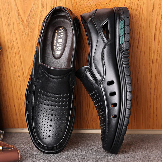 
YRC Yierkang Summer 2025 new men's hollow sandals toe layer cowhide middle-aged and elderly dad's shoes breathable casual shoes sandals 9887-2 black 41