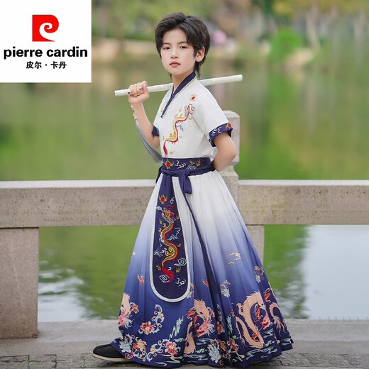 Pierre cardin Hanfu boys summer 2025 new ancient costume boys short-sleeved Chinese style thin children's ancient style Chinese language performance costume MS-9858 [Blue Dragon] Pay attention to priority delivery 120 [weight 32-40 Jin [Jin equals 0.5 kg]]