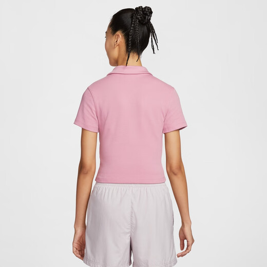 Nike (NIKE) women's short-sleeved lapel top autumn slim knitted embroidery soft comfortable simple DV7885 699 element pink/sail white S