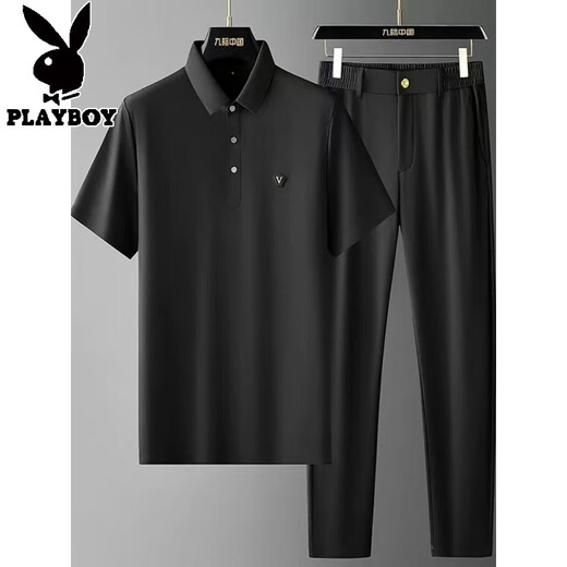 
Playboy (PLAYBOY) summer silky fast drying soft casual wear for men middle-aged fashion short sleeve lapel deep crotch two-piece suit men W9906 black suit 3XL 150-170Jin [Jin equals 0.5 kg]