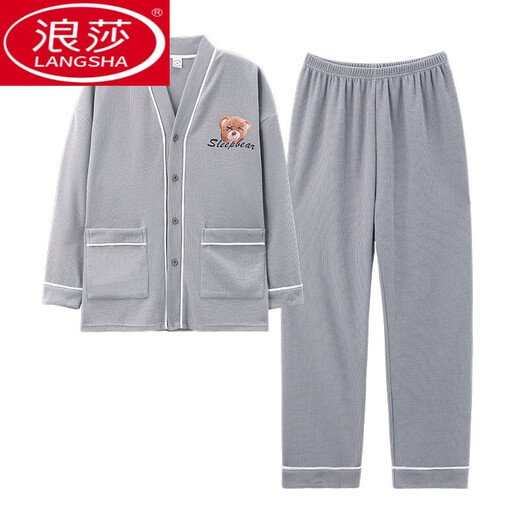 Langsha Herren Pyjamas Frühlings- und Herbst Pure Cotton 2024 Neue Long-Ärger-Strickwagen-Herbst- und Winterstudenten können Hauskleidung mit LS1342 Cardigan Anzügen L Männer tragen [empfohlen 100-120 Jin [Jin gleich 0,5 kg]]