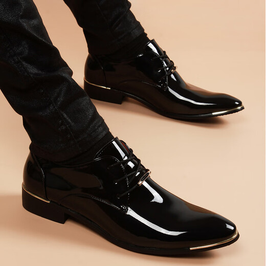 NEWMDER International Brand Luxury Men's Leather Shoes Men's Pointed Toe Bright Leather Business Casual Formal Breathable Inner Height Leather Shoes High-end Black Inner Height (Ready Stock) 41