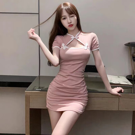 欲动夜场性感女装显瘦夜店性感连衣裙洗浴按摩采耳短裙旗袍技师工作服 粉色 2XL 【建议128-138斤】