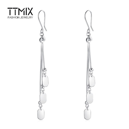 TTMIX women's platinum earrings long ear hook pt950 white gold tassel glossy square earrings 4.7-4.9g