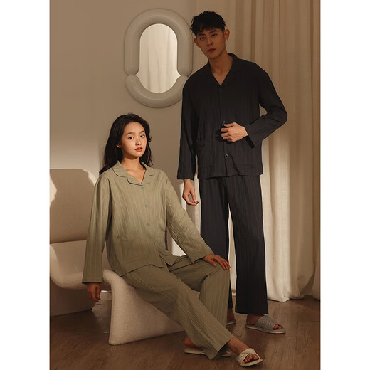 American retainers 2025 Spring and Autumn Couple Pajamas Women's New Long Sleeve Cardigan Casual Stripe Men's Home Clothing Set Women's Style-6172 Black M