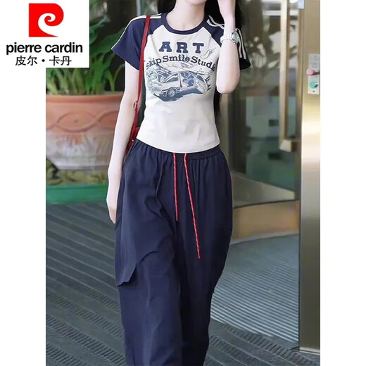 
Pierre cardin European summer short-sleeved sports suit for women 25 years new fashionable and fashionable work clothes wide-leg pants two-piece set to make them look slimming picture color two-piece set M (100-110Jin [Jin equals 0.5 kg])