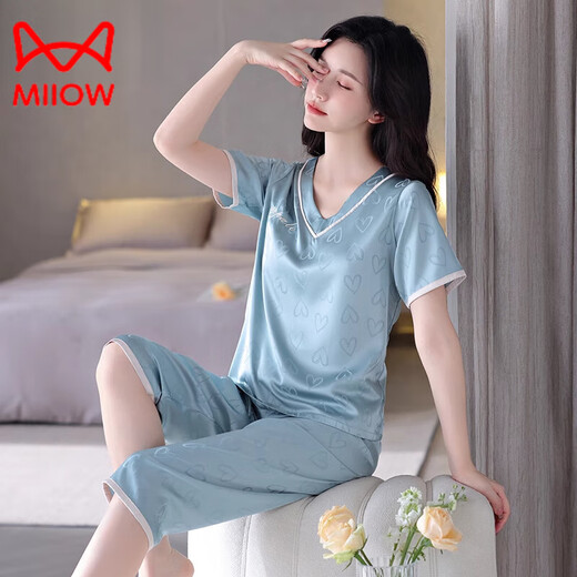 猫人（MiiOW）睡裙女夏季冰蚕丝2025新款女士仿真睡衣夏天性感带胸垫一体 1349-沙绿色【短.袖七分.裤】 M