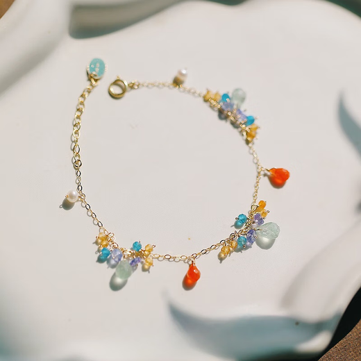 Paopu Chunshui Chunchiman original design fresh strawberry crystal tanzanite 14K gold-injected handmade bracelet, one size fits all, wrist circumference 14-16 cm