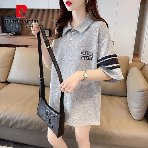 皮尔卡丹夏季新款短袖T恤女POLO领宽松半袖绣花中长款华夫格百搭休闲衣潮 yg-9926灰色 M 【80-110斤】