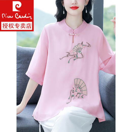 皮尔卡丹（pierre cardin）妈I妈夏装国风刺绣上衣新中式盘扣立领宽松中袖七分袖雪纺衬衫女 紫色【扇子刺绣-雪纺面料】 9196 M 建议95斤内