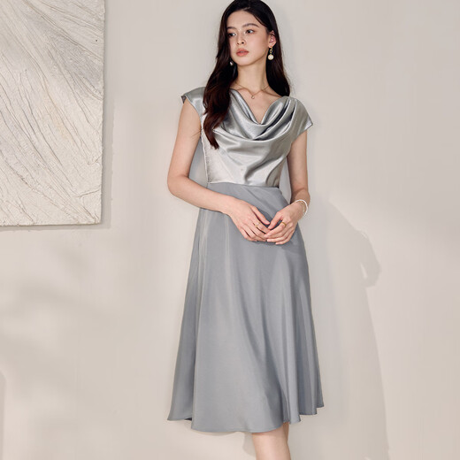 Roeyshouse Vestido azul claro de color gris claro 2025 Summer Nuevo elegante cuello balbuceante falda de dobladillo grande 12102 azul gris claro s