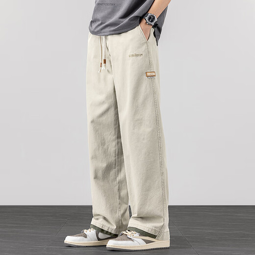 Charlotte European and American pure cotton casual pants for men, trendy and versatile, loose and drapey, wide-legged, handsome straight-leg sweatpants for spring and summer 2712 Khaki XL recommended 130-145Jin Jin equals 0.5 kg