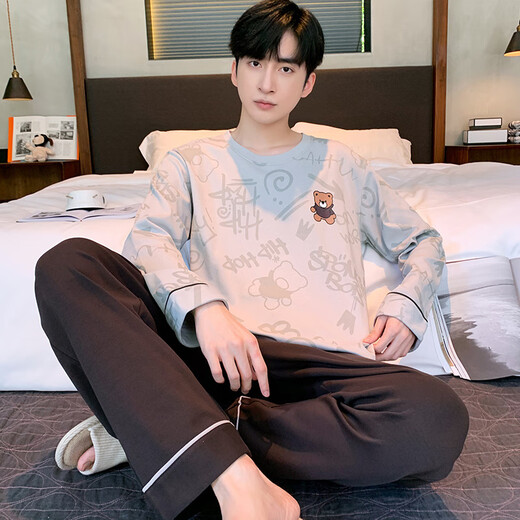 Guanmao Pei Pyjamas Herren Herbst New Pure Cotton Longleved Anzug für Jugendliche losen Hauskleidung Einfaches kann außerhalb des zweiteiligen Sets getragen werden 01F9903 175 Men-l