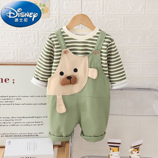 迪士尼（Disney）婴儿衣服儿童装春秋季宝宝长袖卫衣套装男女童卡通背带裤两件套 绿色 80 cm