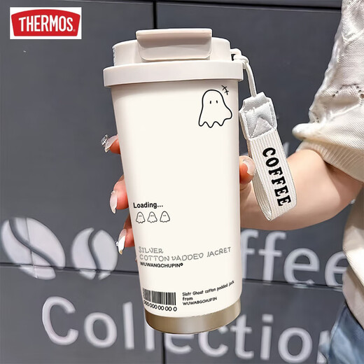 
THERMOS Cute Ghost Thermos Cup High-Precision Student Stainless Steel Portable New Double Drinking Coffee Men and Women Straw Water Cup BXAB13796 Ghost Blue + with Lanyard Ceramic Inner Bottom