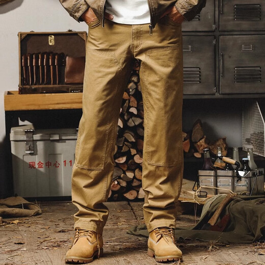 Jay Leno American Heavyweight Retro Logging Pants Men's Spring and Autumn Style Loose Straight Cleanfit Distressed Casual Workwear Pants Men's Khaki 100% Cotton L Suitable for 130-150Jin Jin equals 0.5 kg