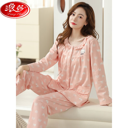 Langsha Pyjamas (Langsha) Frauenfrüh- und Herbst-Herbst-Herbst-Herbst Pure Cotton Long Sleeve Cotton Dünne Hauskleidung mit mittleren Größe mit großer Größe C9272 Bohnenpulverpulverkatzdruck M (Empfohlen 90-110jin [Jin Equalle 0,5 kg]))