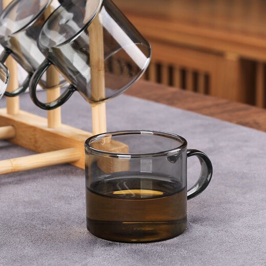 Ash glass tea cup, light luxury color cup, tea bowl, thickened Kung Fu tea set, bamboo cup holder for tea tasting, 100ml ash tea cup with cup holder, 6 pieces