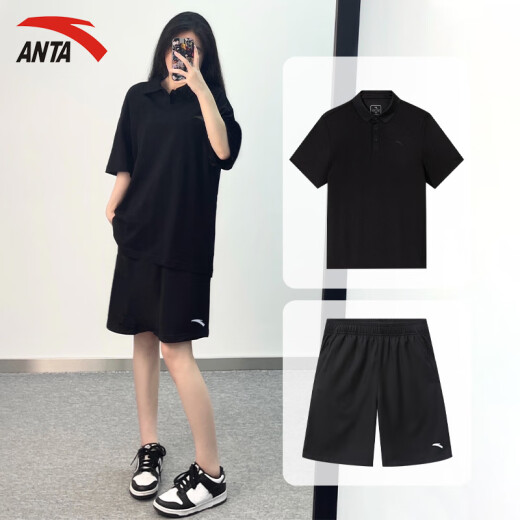 安踏（ANTA）运动套装女冰丝速干polo衫短裤女士t恤休闲夏季薄款足球篮球衣服 基础黑/基础黑【速干】 M