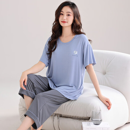 
Meijun large size pajamas for women in summer modal short-sleeved loose women's cropped pants home clothing set summer thin XPW7029 M