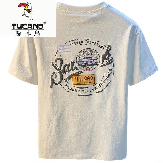 Camiseta blanca (tucano) Woodpecker (tucano) para hombres nuevas tendencias de alta gama camiseta estampada con luz americana de lujo Xinjiang algodón cómodo de manga corta de algodón de manga corta [HJ9906-1 mangas] M adecuado para 90-108Jin [Jin iguala 0.5 kg]