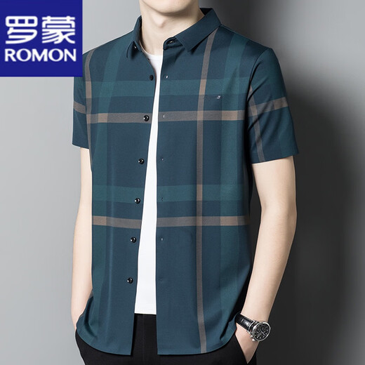 Romon Ice Silk Shirt à manches à manches à manches moyennes d'âge moyen et jeune mince mince chemise à carreaux