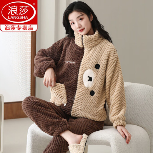浪莎（langsha）品牌睡衣女士秋冬季珊瑚绒加绒加厚可外穿大码拉链法兰绒家居服 9717 双面提花绒 M 【建议80-100斤】
