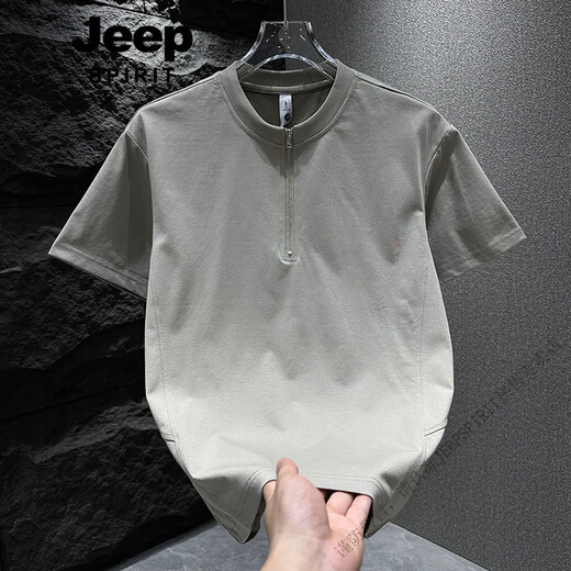 Jeep Spirit Camiseta de manga corta para hombres 2025 Tendencia de verano Semi-Zipper Cool Color sólido Camiseta versátil Versátil Negro 1585 Modelo M 95-120Jin [Jin iguala 0.5 kg]
