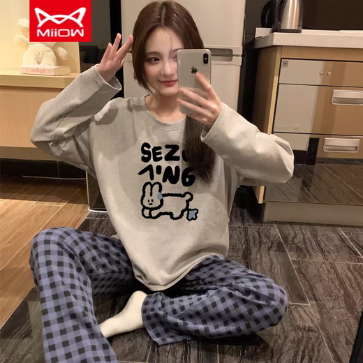 猫人 MIIOW带胸垫睡衣女春秋季纯棉宽松长袖全棉女士家居服套装休闲款可外穿 9230（无胸垫棉） M 【建议80-105斤】