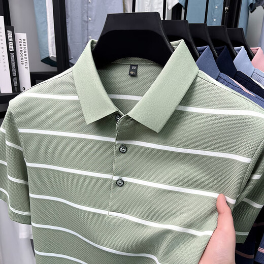 Kangaroo (DaiShu) short-sleeved T-shirt for men 2025 summer trendy striped lapel half-sleeved business casual loose plus size top middle-aged AN15100 light sky blue XL