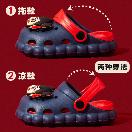 Saanjaoo echte Nezha Kinder Sommersandalen 2025 Neues AO Bing Baby Beach Anti-Schlupf Weiche Bottom Cartoon Hole Schuhe Navy Blue Nezha 6002 19 Innere Länge 19 cm geeignet für Größe 29/30