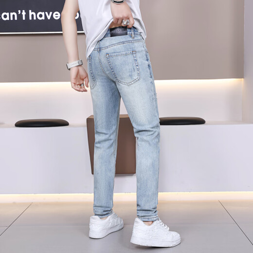 戈赞破洞牛仔裤男油漆点夏季薄款修身小脚男士高端休闲弹力潮流裤子男 浅蓝色 9896 28 （2尺1）