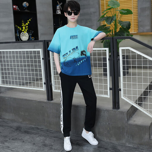 Ruibanglai Summer Teen Teen kurzärmelig T-Shirt Boy 13-15 Jahre alte Schüler der High School School Schüler Große Kinder Sommerkleidung hübsches Sport Set XSD-T9226 White Grey (Top + Pants) XL 115 bis 130jin [Jin gleich 0,5 kg]