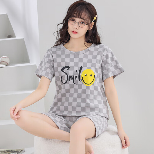 Pyjamas modal pour femmes été 2025 Nouveau coton pur coton à manches courtes à manches minces gras mm200jin [Jin est égal à 0,5 kg] grande taille de vêtements pour filles costumes à manches courts-Q1392 SMIEY SMILEY FACE L FEMMES STANDARD 2X Recommandation 1e
