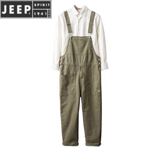 JEEP SPIRIT潮牌直筒休闲工装裤男宽松大口袋机车背带裤男士连体吊带裤 军绿色 S