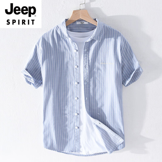 JEEP SPIRIT男士条纹衬衫短袖宽松夏季薄款日系休闲百搭棉衬衣夏装衣服 9721白色 M 斤左右