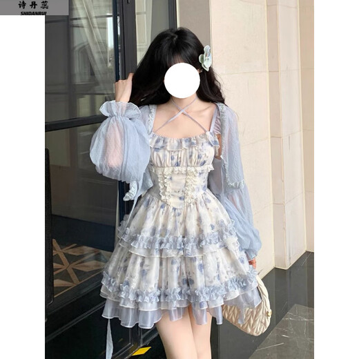 诗丹蕊收腰气质仙女公主裙2025夏季新款蓝色连衣裙高级感蝴蝶结碎花短裙 吊带连衣裙【无开衫】 均码 【可备注码数】