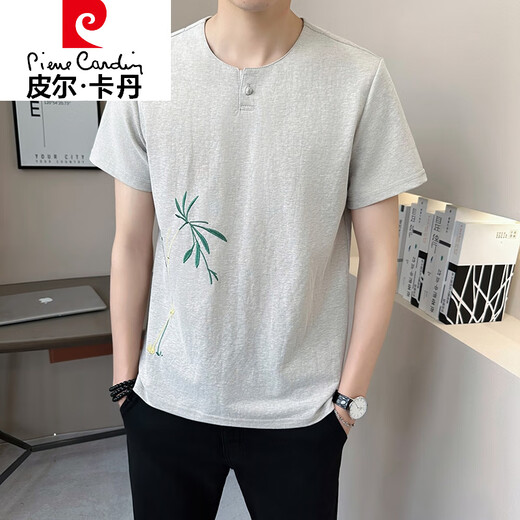 皮尔卡丹（pierre cardin）新中式国风v领短袖T恤男夏季亚麻2025新款透气竹子半袖男士体恤衫 9856卡其色 XL (约120~140斤可穿)