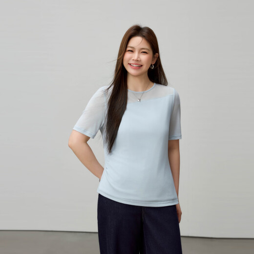 纤莉秀【设计感压褶圆领百搭莱赛尔T恤】大码女装胖mm2025夏新款1396 浅蓝色 4XL