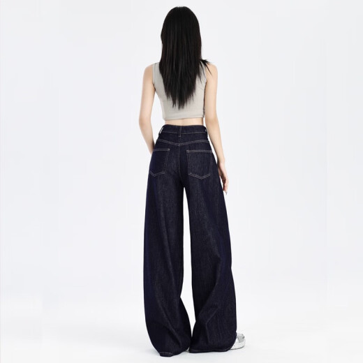 简方位深蓝美式宽松阔腿牛仔裤女2025年夏季新款垂感慵懒休闲拖地直筒裤 9893深蓝长裤 XS