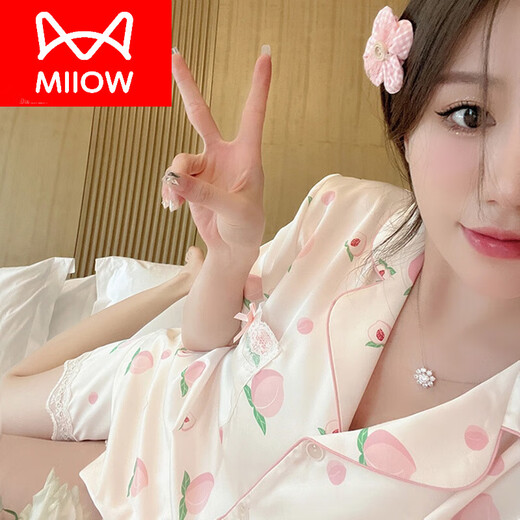 
Catman (MiiOW) ice silk pajamas for women in summer short-sleeved trousers style 2024 new spring and summer thin imitation silk home clothing set FS-9905 peach [short + trousers] M [suitable for 75-95Jin [Jin equals 0.5 kg]]
