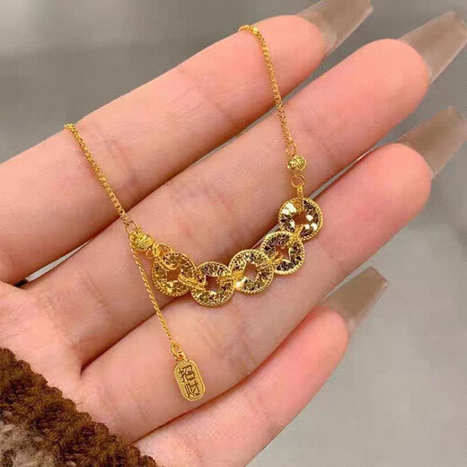 Xi welcomes Chinese Valentine's Day, gold-colored Five Emperors' Money necklace for women, 18K gold broken ice treasure coin bracelet for girlfriend, gold shop Five Emperors' Money necklace