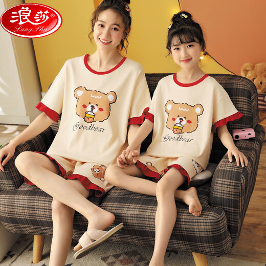 浪莎（LangSha）亲子母女睡衣纯棉夏季薄款短袖可爱卡通网红小女孩女童家居服套装 6624【纯棉 单套的】 M 12码115-125c50斤左右