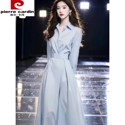皮尔卡丹（pierre cardin）正式场合气质高端精致长裙春季小众不撞款蓝色衬衫收腰连衣裙子女 单件连衣裙 L